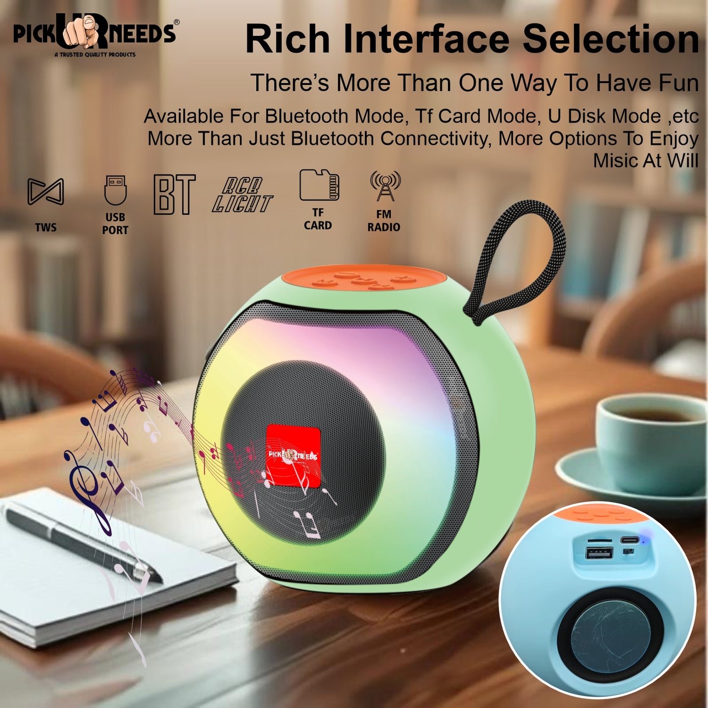 Pick Ur Needs Compact Rechargeable Wireless Thunder Sound 5W Bluetooth Speaker– Support FM/USB  (Black)